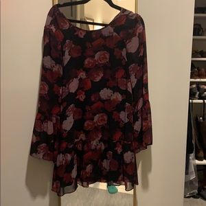 Floral holiday dress with dropped waist and ruffle